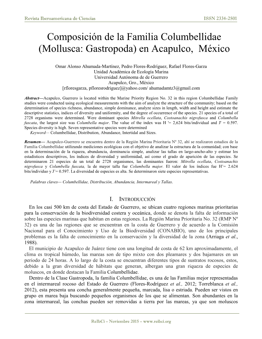 Composición De La Familia Columbellidae (Mollusca: Gastropoda) En Acapulco, México