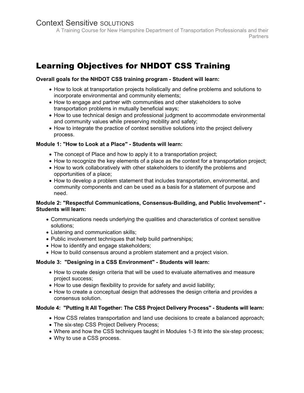 Learning Objectives for NHDOT CSS Training