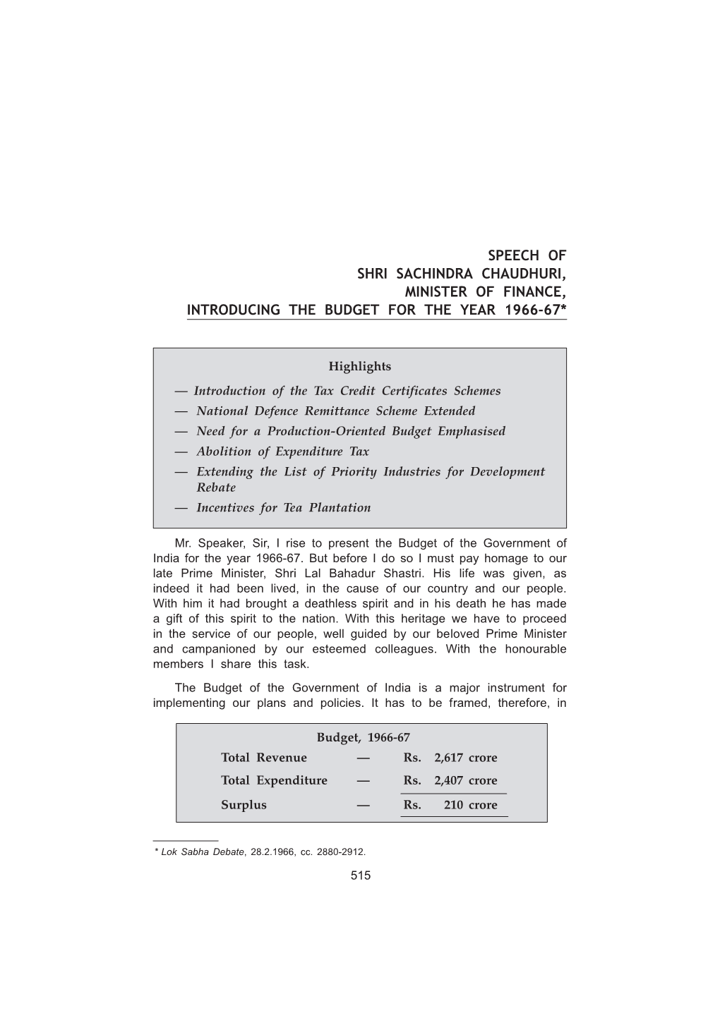 Budget Speech 1966-67