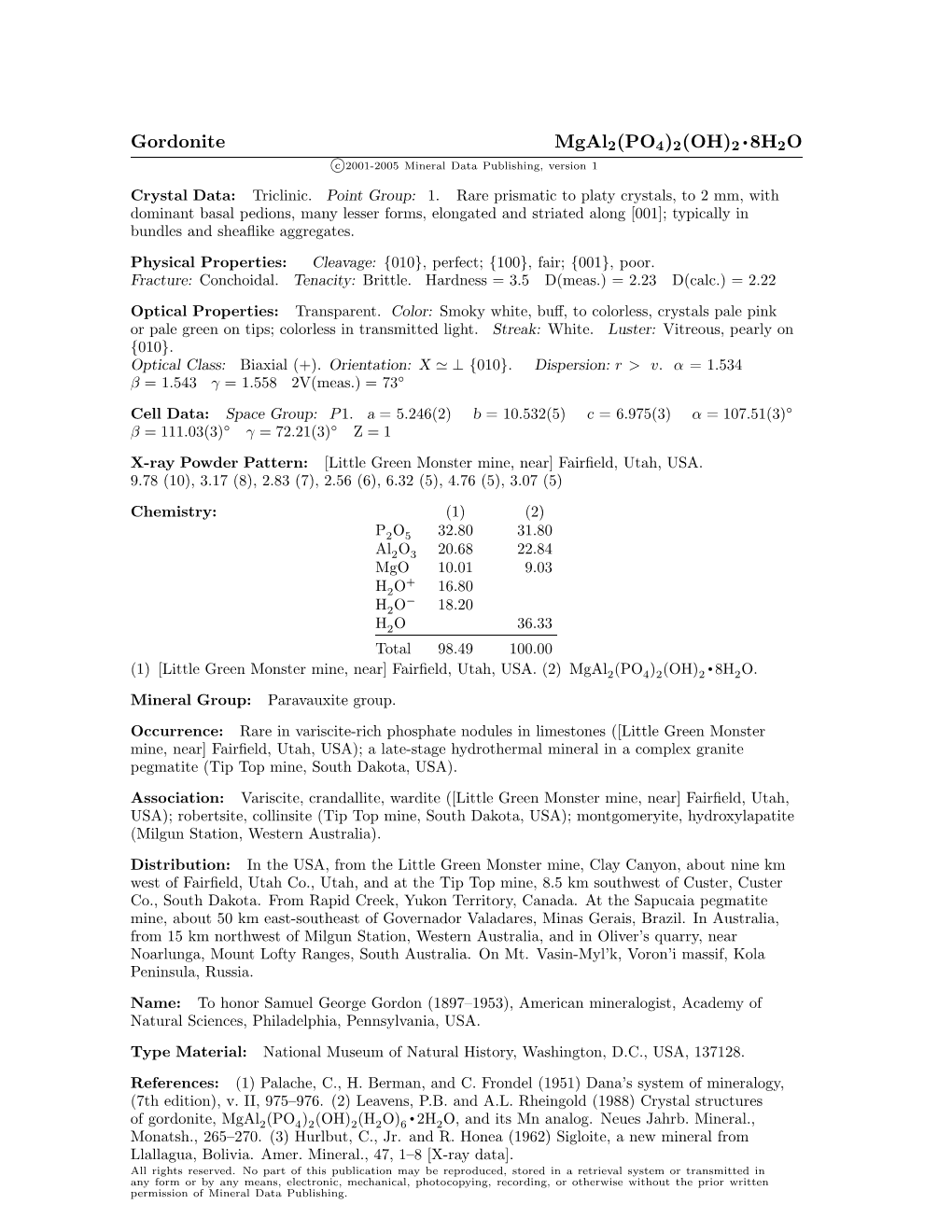 Gordonite Mgal2(PO4)2(OH)2 • 8H2O C 2001-2005 Mineral Data Publishing, Version 1