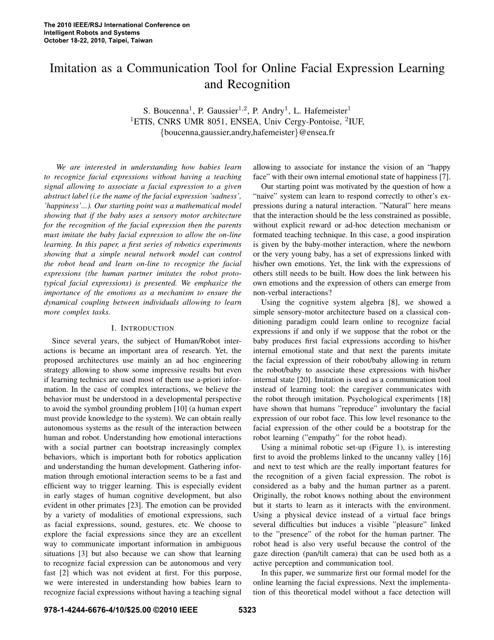 Imitation As a Communication Tool for Online Facial Expression Learning and Recognition