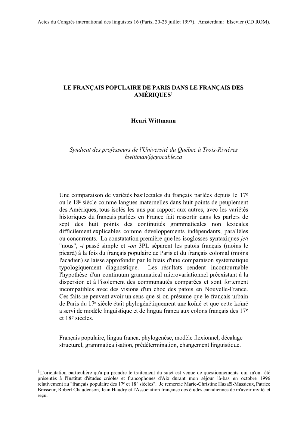 Le Français Populaire De Paris Dans Le Français Des Amériques1