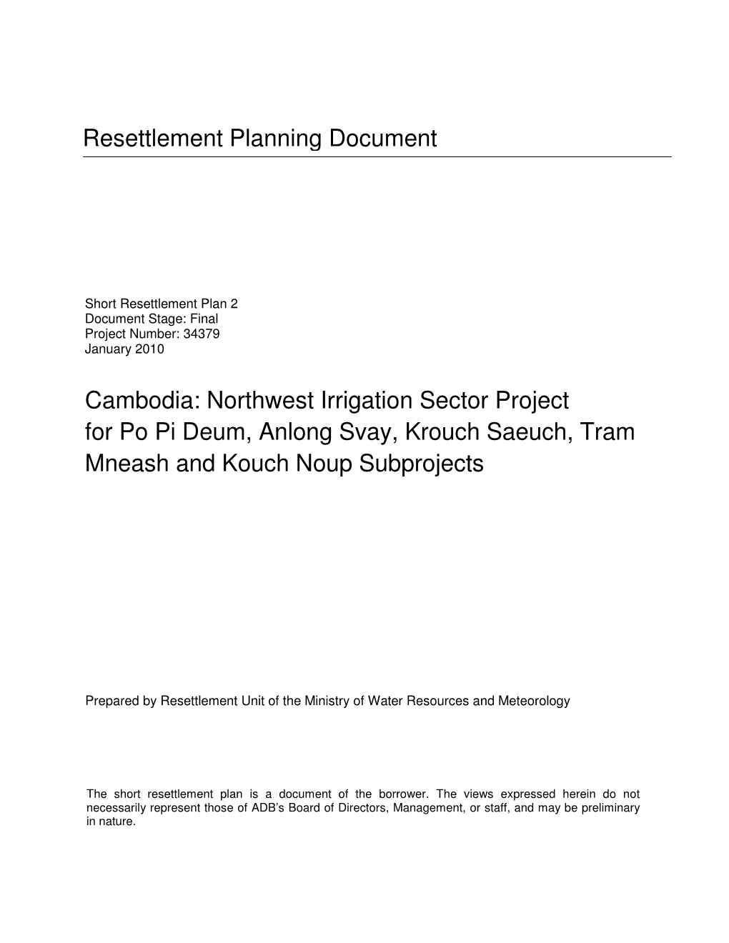 Resettlement Planning Document Cambodia: Northwest Irrigation