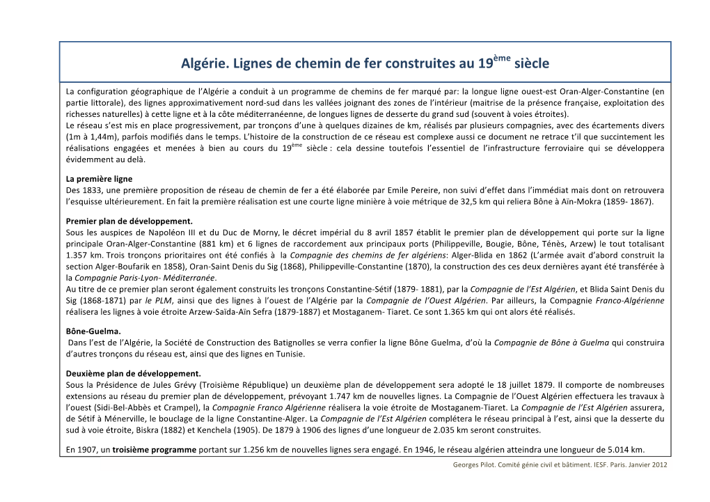 Algérie. Lignes De Chemin De Fer Construites Au 19Ème Siècle