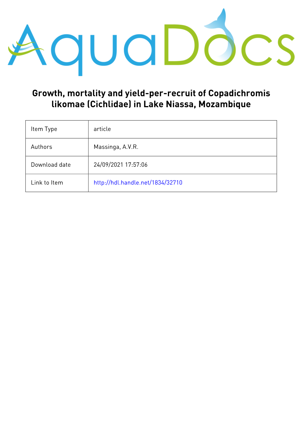 Growth, Mortality and Yield-Per-Recruit of Copadichromis Likomae (Cichlidae) in Lake Niassa, Mozambique