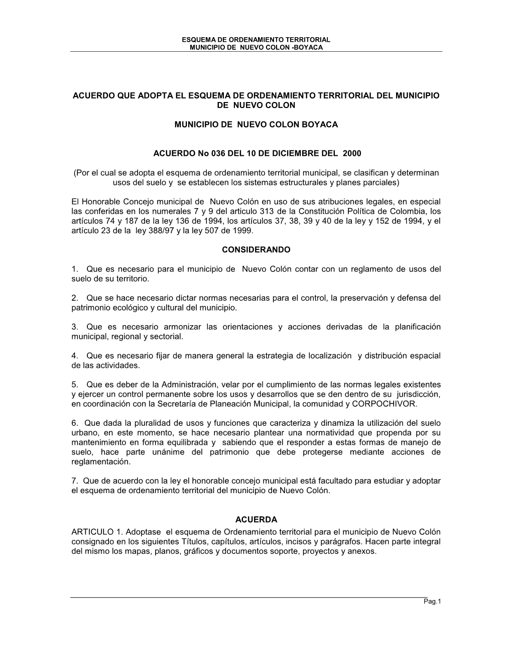 Acuerdo Que Adopta El Esquema De Ordenamiento Territorial Del Municipio De Nuevo Colon