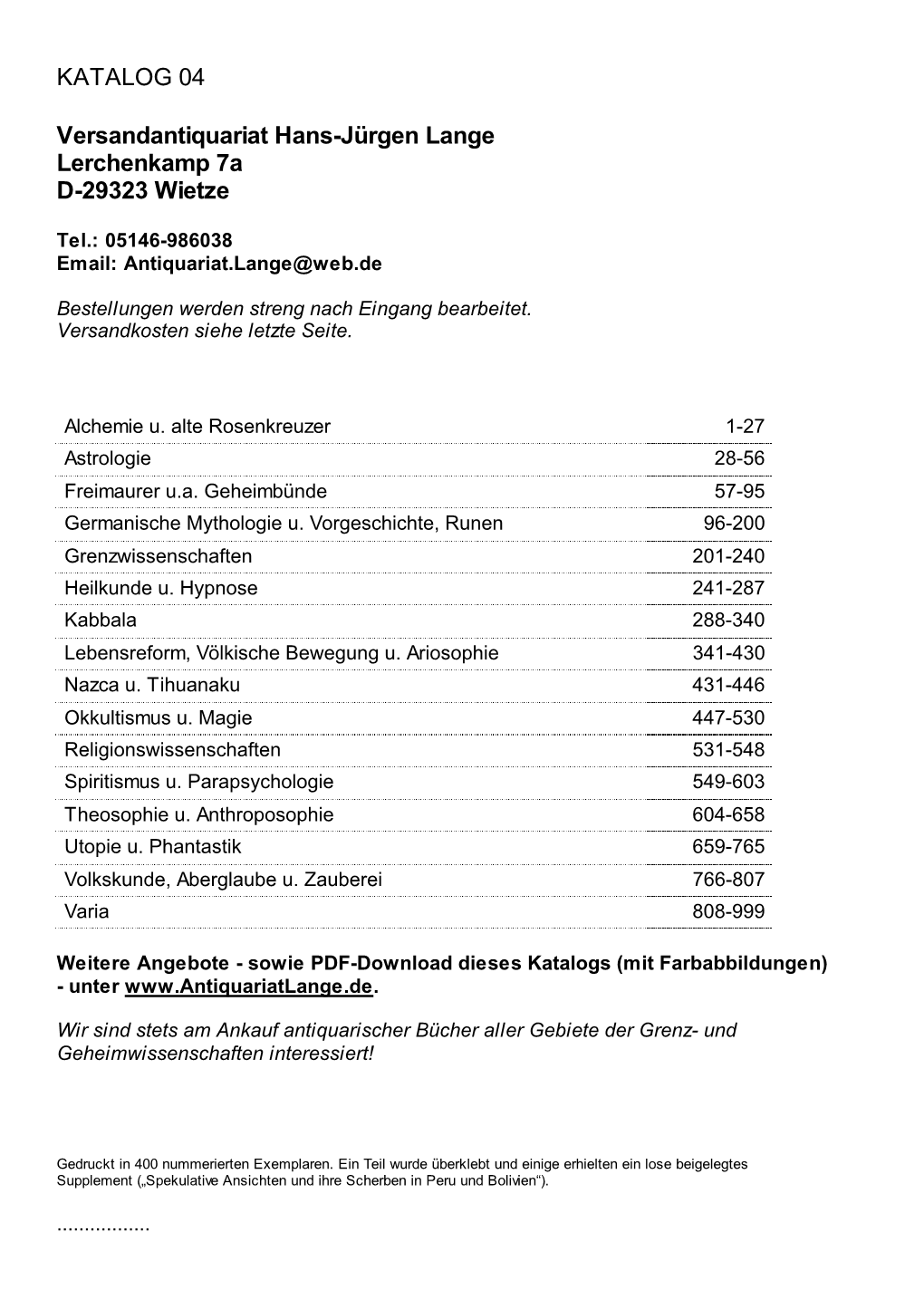 KATALOG 04 Versandantiquariat Hans-Jürgen Lange Lerchenkamp 7A D-29323 Wietze