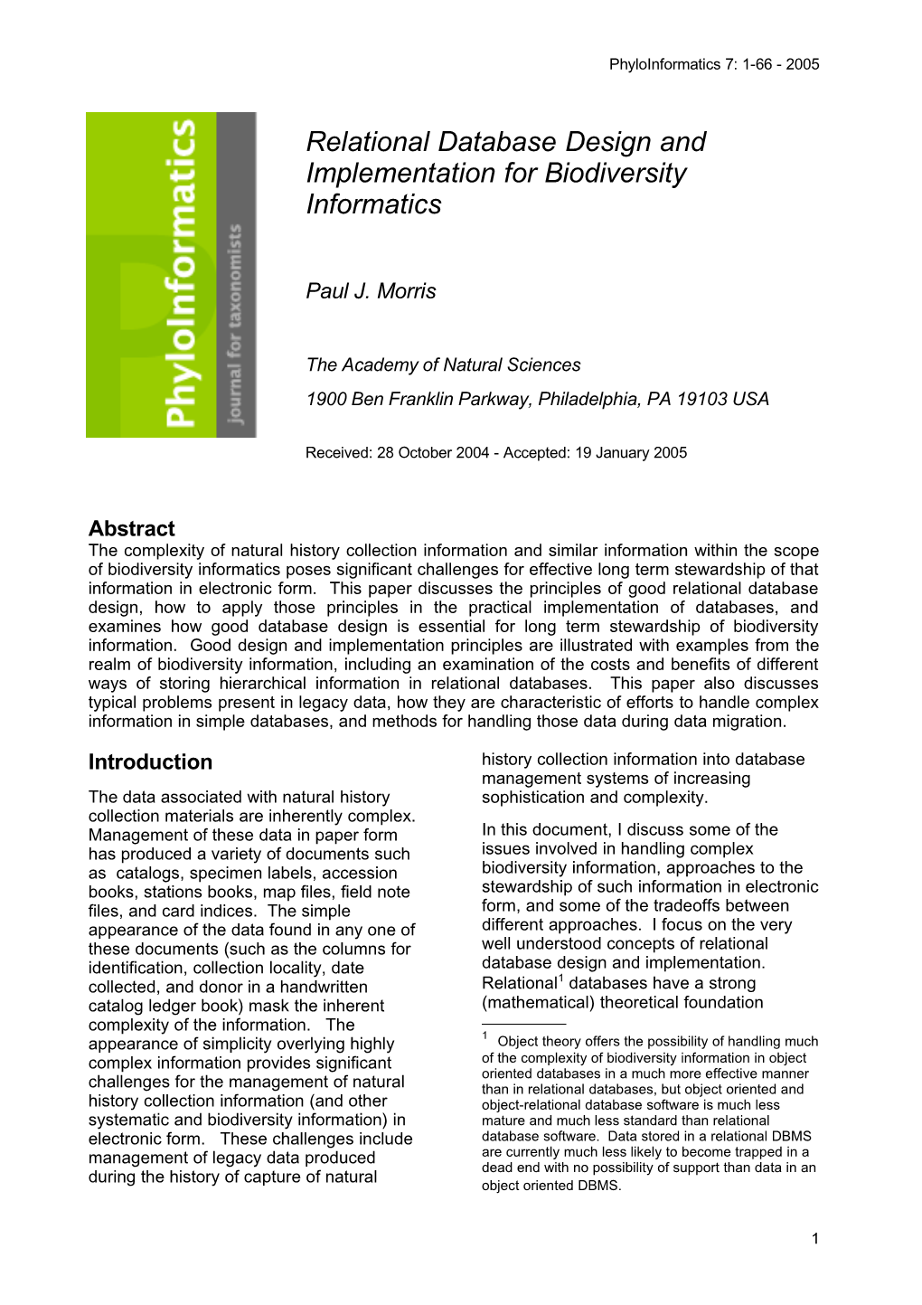 Relational Database Design and Implementation for Biodiversity Informatics