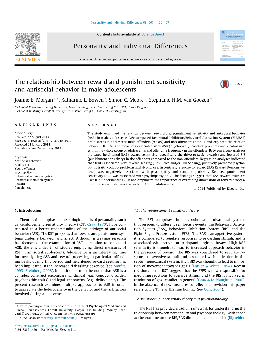 The Relationship Between Reward and Punishment Sensitivity and Antisocial Behavior in Male Adolescents ⇑ Joanne E