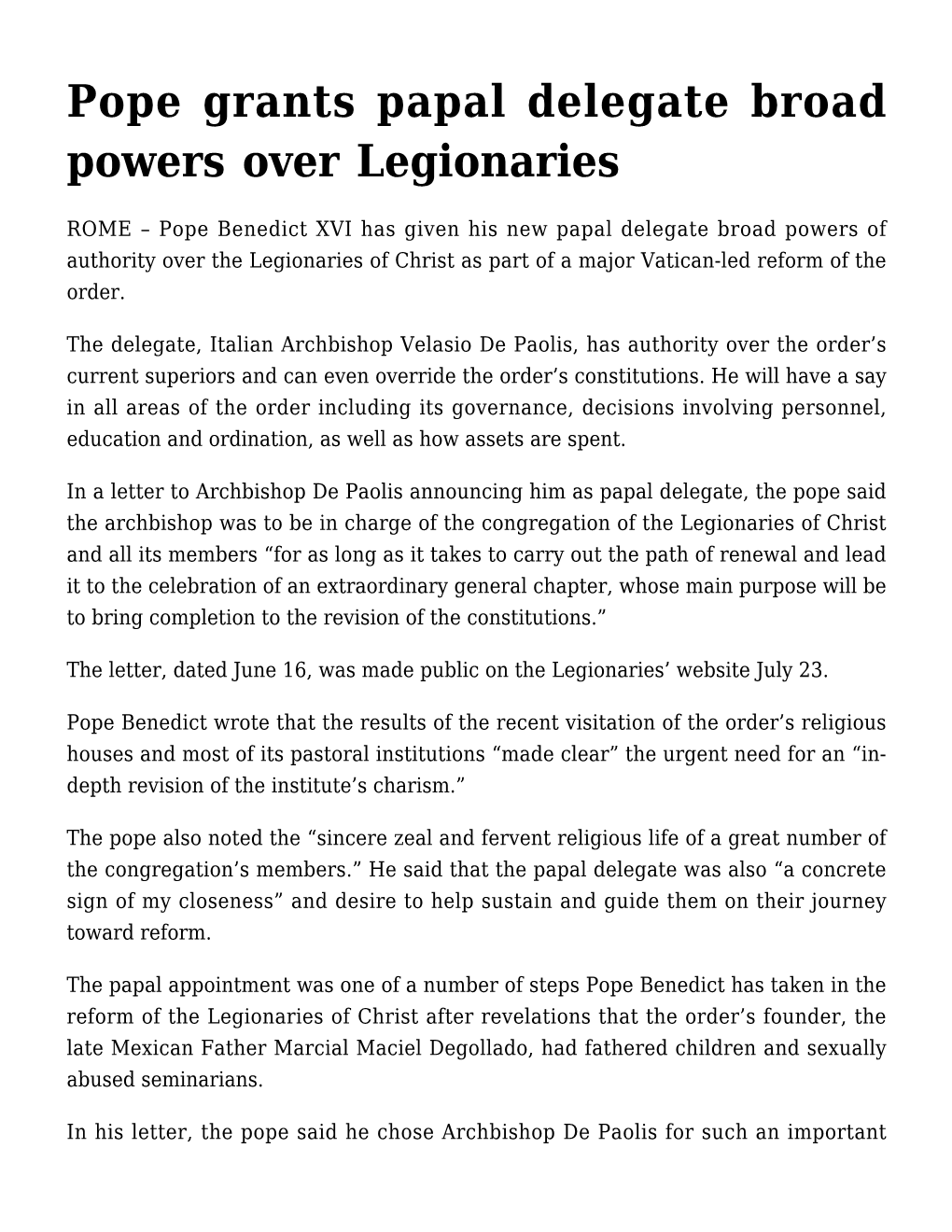 Pope Grants Papal Delegate Broad Powers Over Legionaries