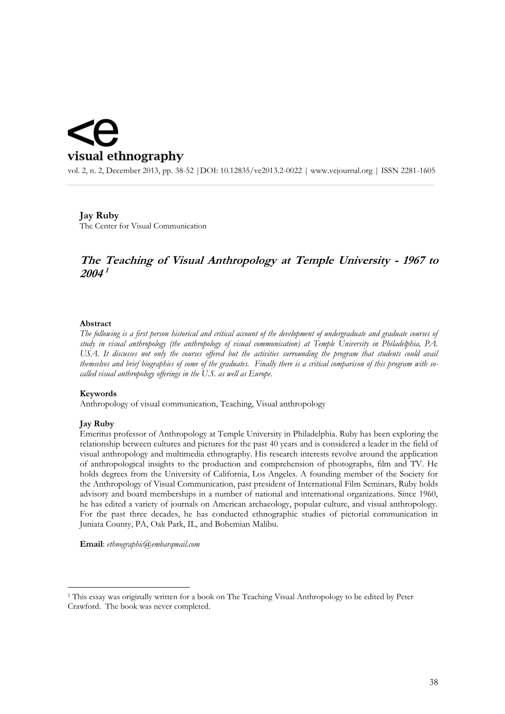 The Teaching of Visual Anthropology at Temple University - 1967 to 2004 1