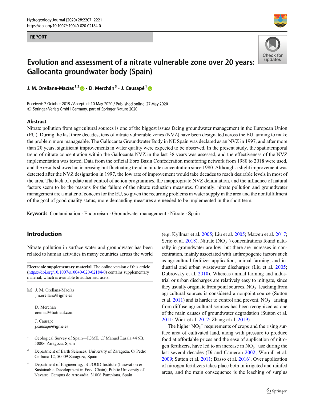 Evolution and Assessment of a Nitrate Vulnerable Zone Over 20 Years: Gallocanta Groundwater Body (Spain)