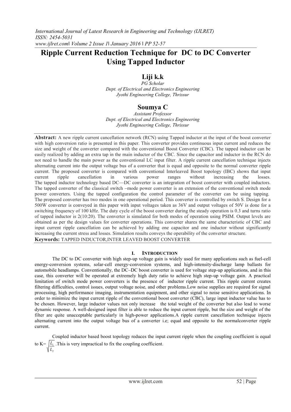 Ripple Current Reduction Technique for DC to DC Converter Using Tapped Inductor