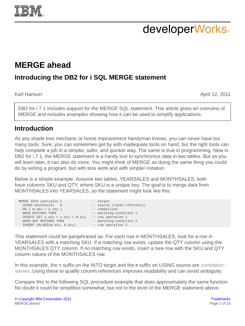 MERGE Ahead Introducing the DB2 for I SQL MERGE Statement
