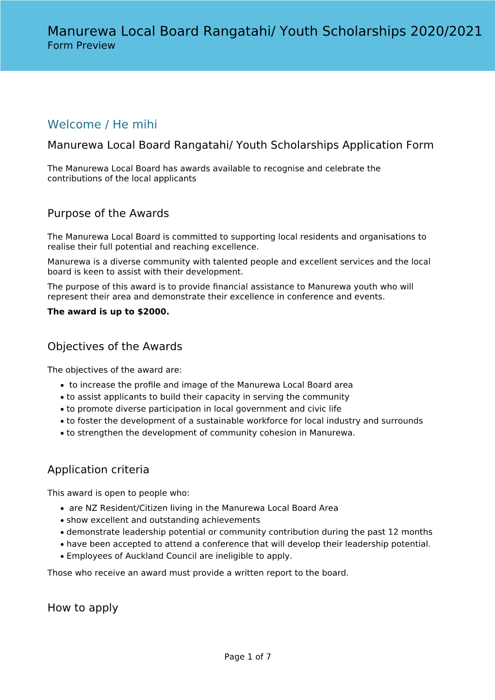 Manurewa Local Board Rangatahi/ Youth Scholarships 2020/2021 Form Preview