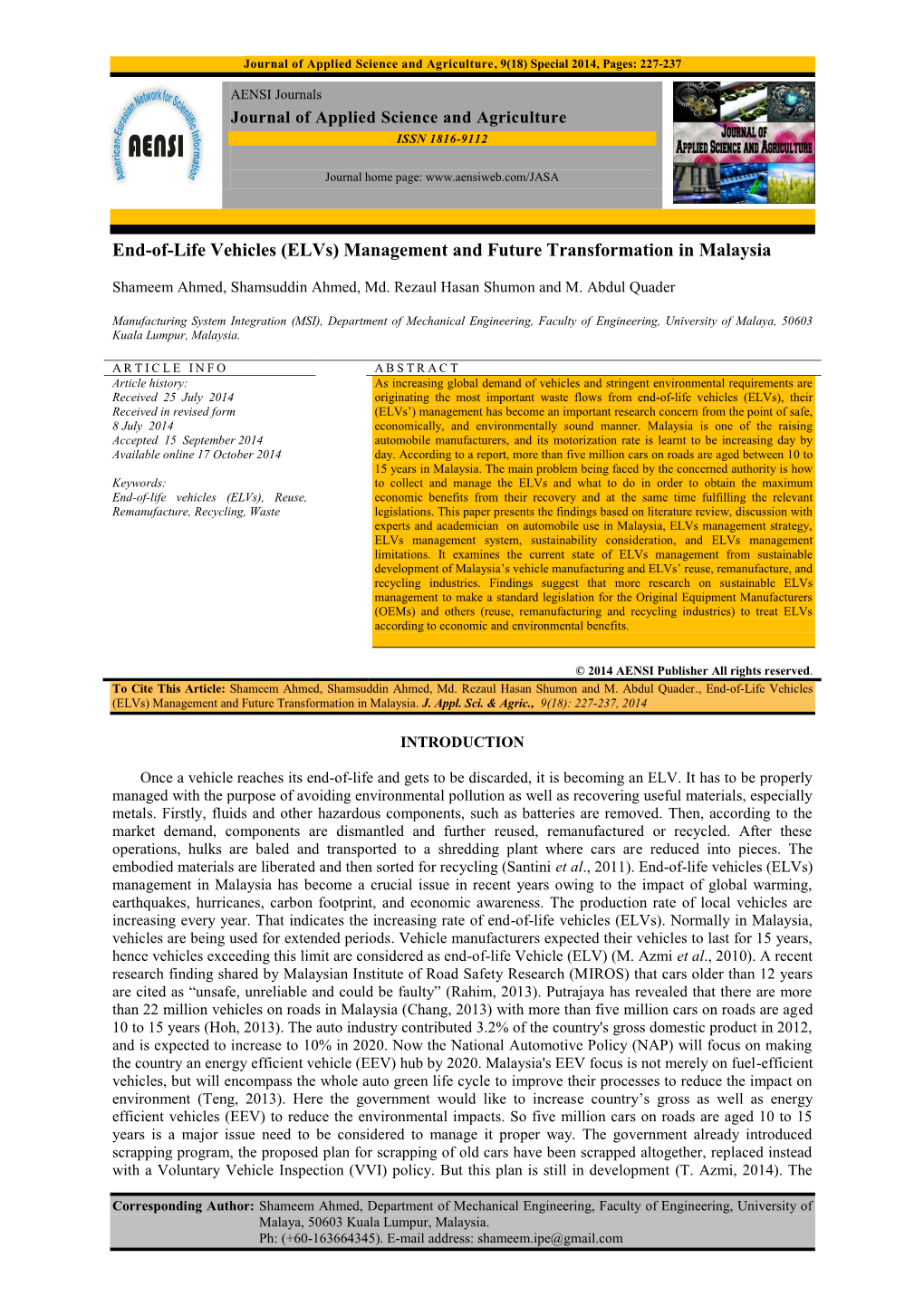 (Elvs) Management and Future Transformation in Malaysia