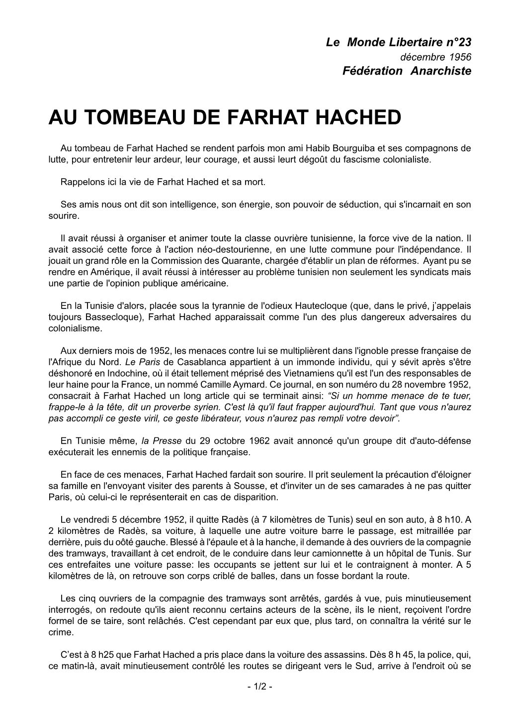 Au Tombeau De Farhat Hached