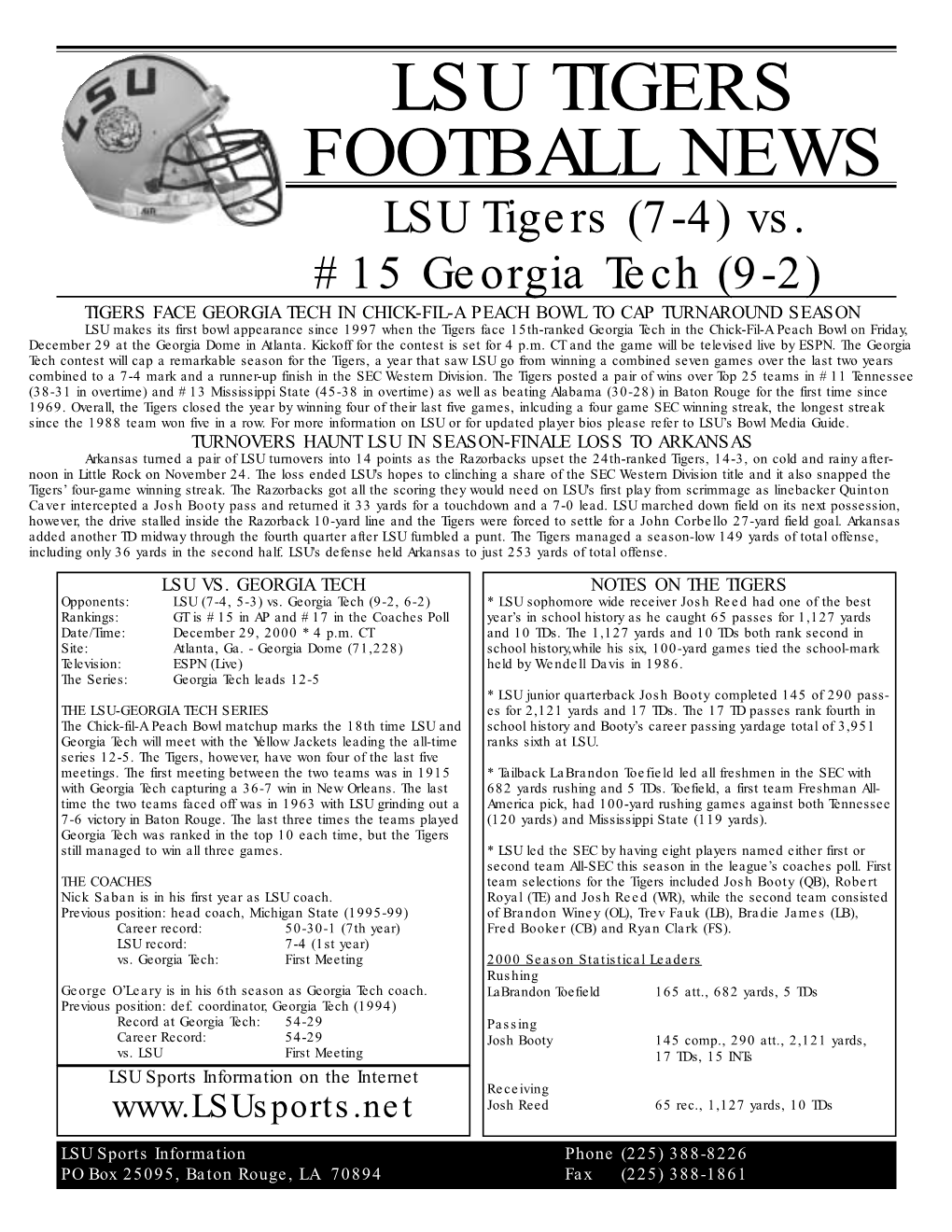 LSU TIGERS FOOTBALL NEWS LSU Tigers (7-4) Vs