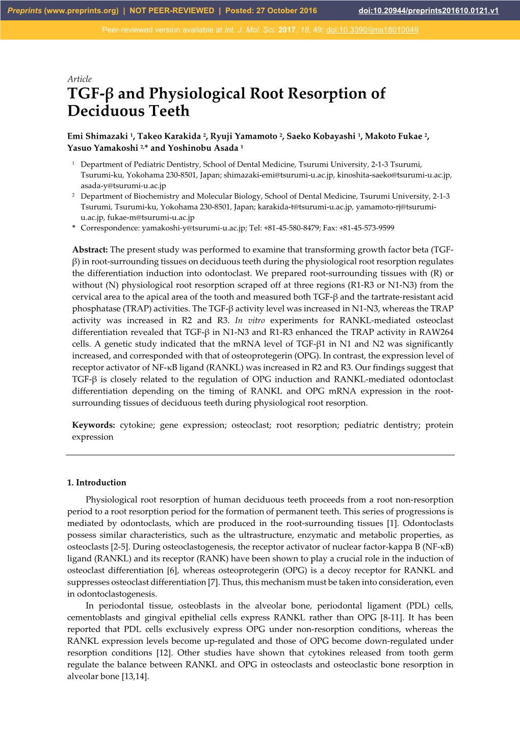 TGF-Β and Physiological Root Resorption of Deciduous Teeth