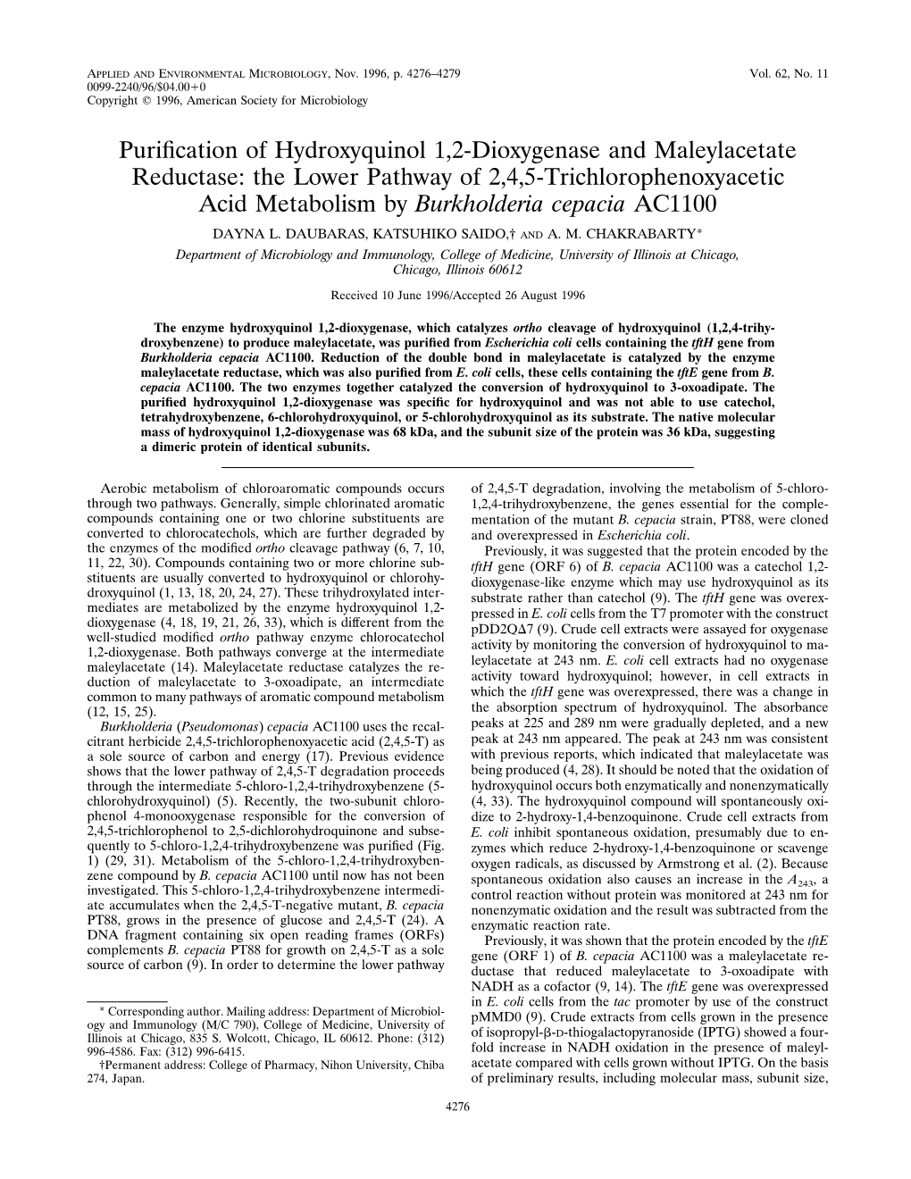 Purification of Hydroxyquinol 1,2-Dioxygenase And