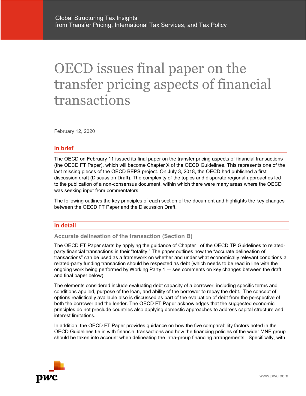 OECD Issues Final Paper on the Transfer Pricing Aspects of Financial Transactions