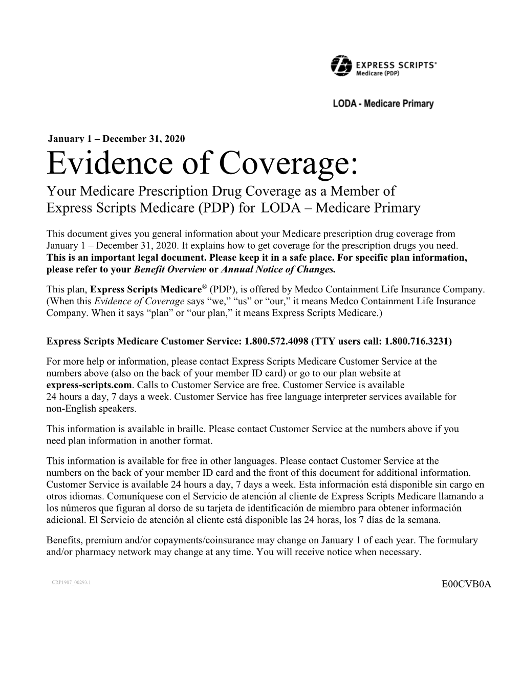 2020 Evidence of Drug Coverage