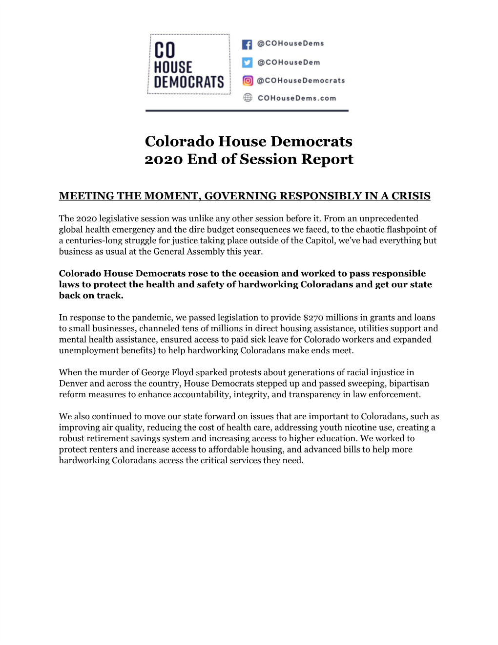 Colorado House Democrats 2020 End of Session Report