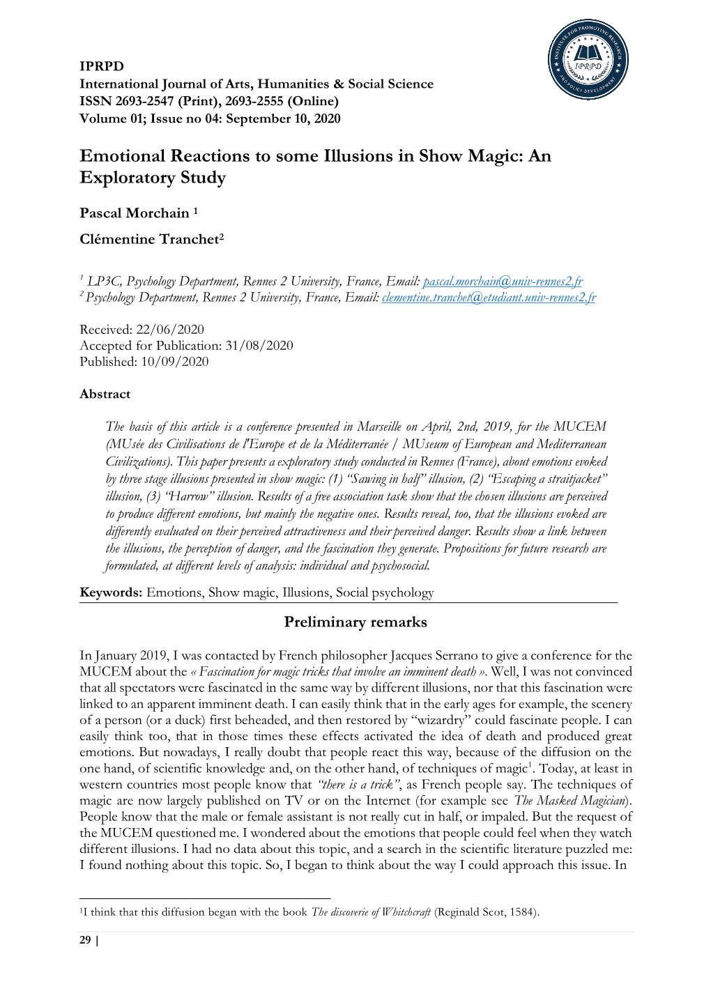 Emotional Reactions to Some Illusions in Show Magic: an Exploratory Study