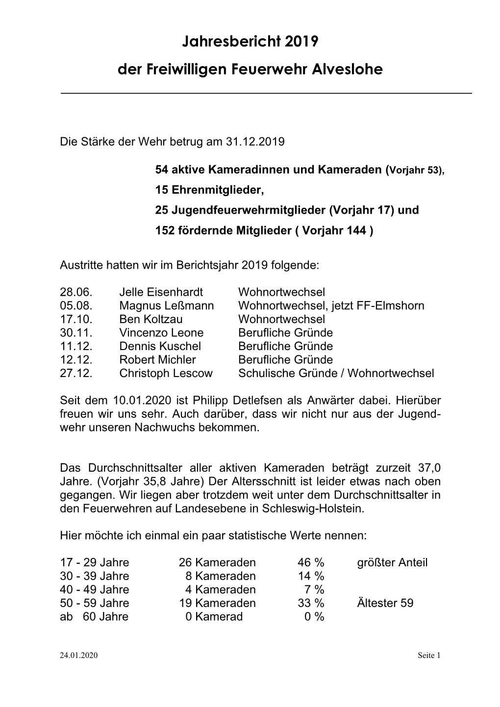 Jahresbericht 2019 Der Freiwilligen Feuerwehr Alveslohe