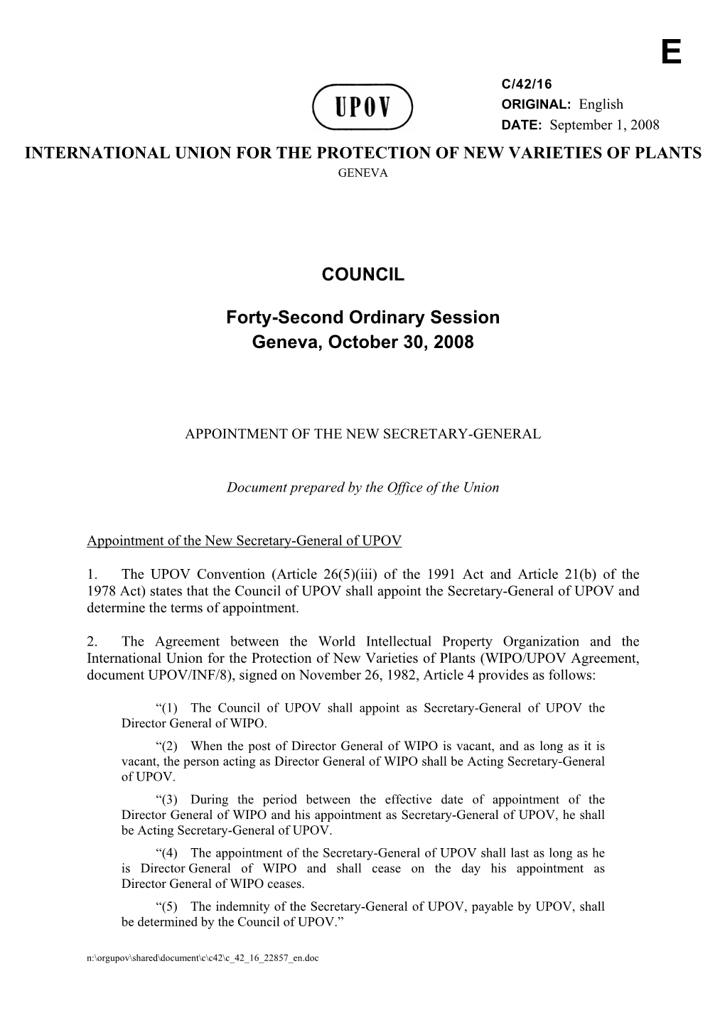 COUNCIL Forty-Second Ordinary Session Geneva, October 30, 2008