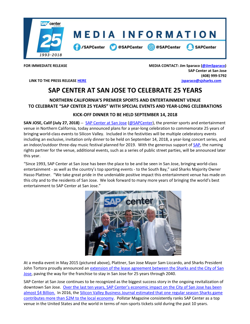 Sap Center at San Jose to Celebrate 25 Years