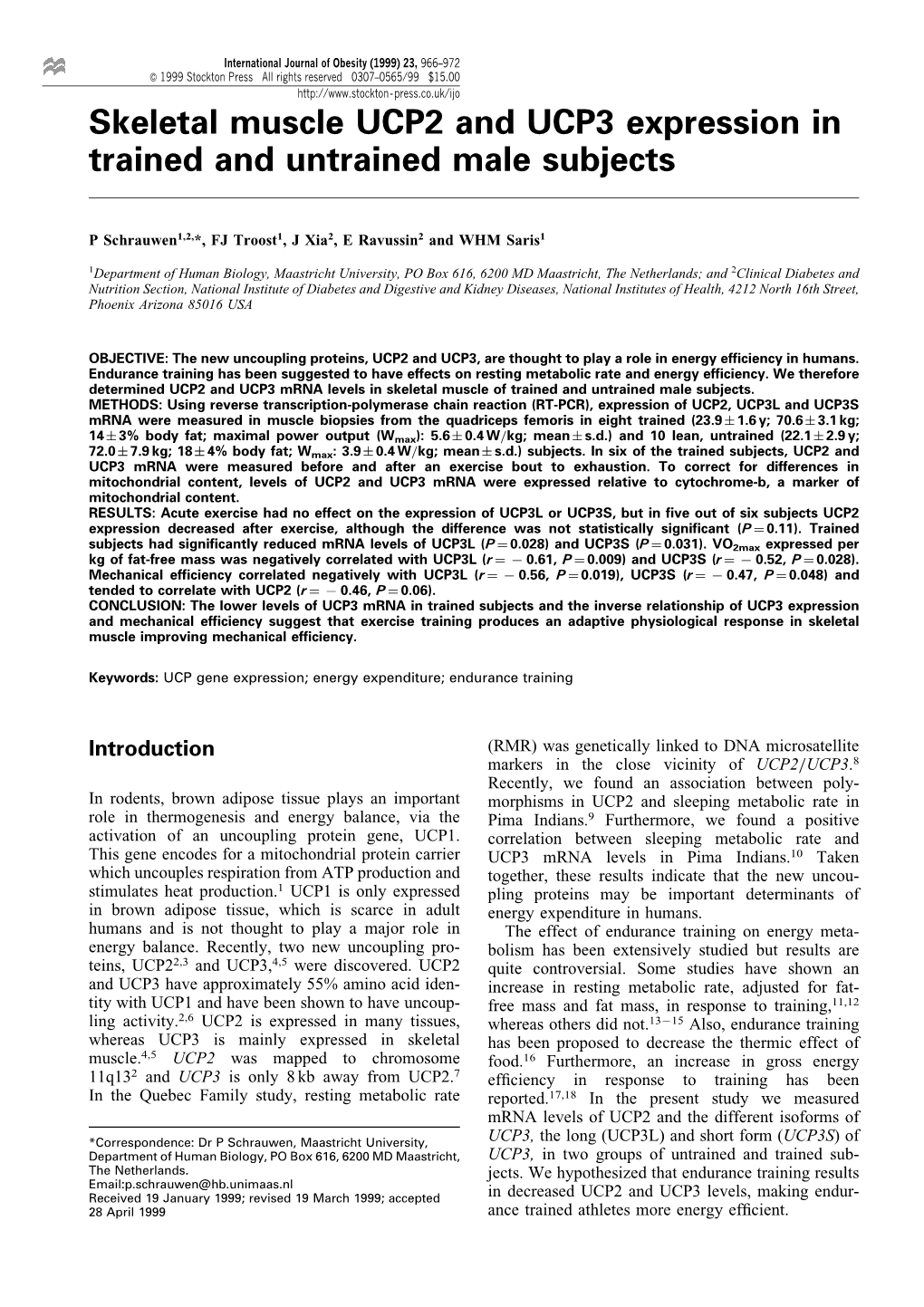 Skeletal Muscle UCP2 and UCP3 Expression in Trained and Untrained Male Subjects