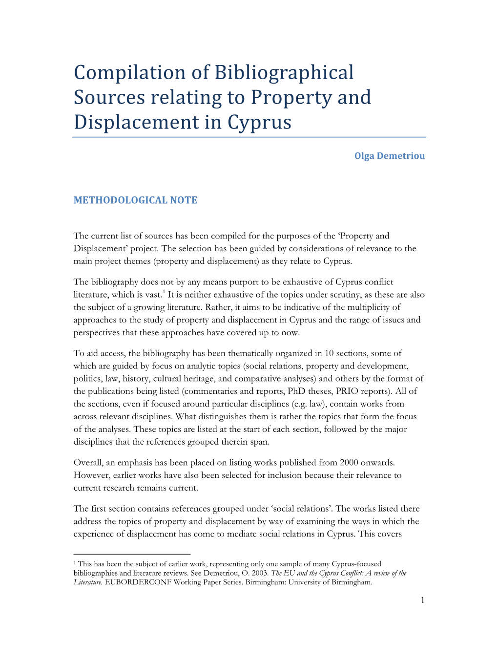 Compilation of Bibliographical Sources Relating to Property and Displacement in Cyprus