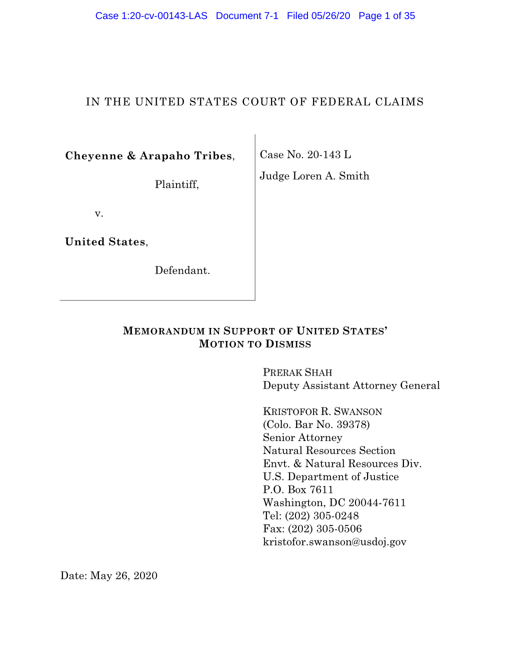 Case 1:20-Cv-00143-LAS Document 7-1 Filed 05/26/20 Page 1 of 35