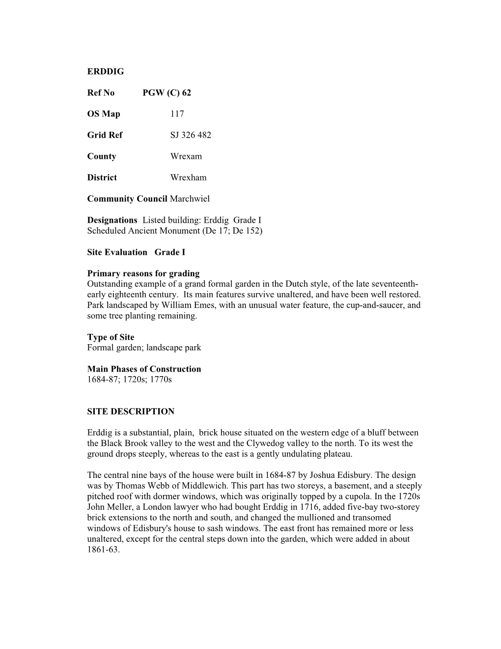 ERDDIG Ref No PGW (C) 62 OS Map 117 Grid Ref SJ 326 482 County