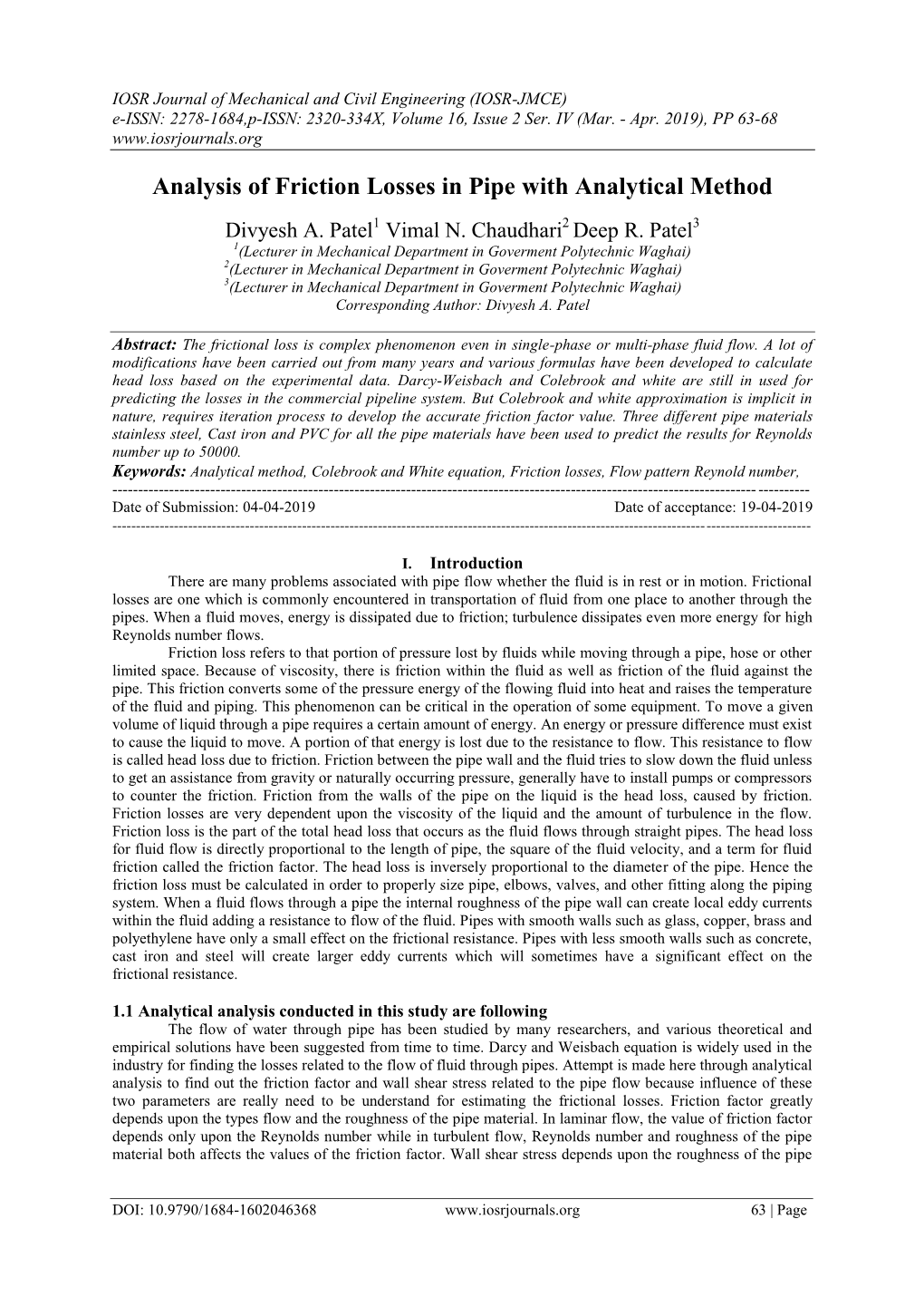 Analysis of Friction Losses in Pipe with Analytical Method