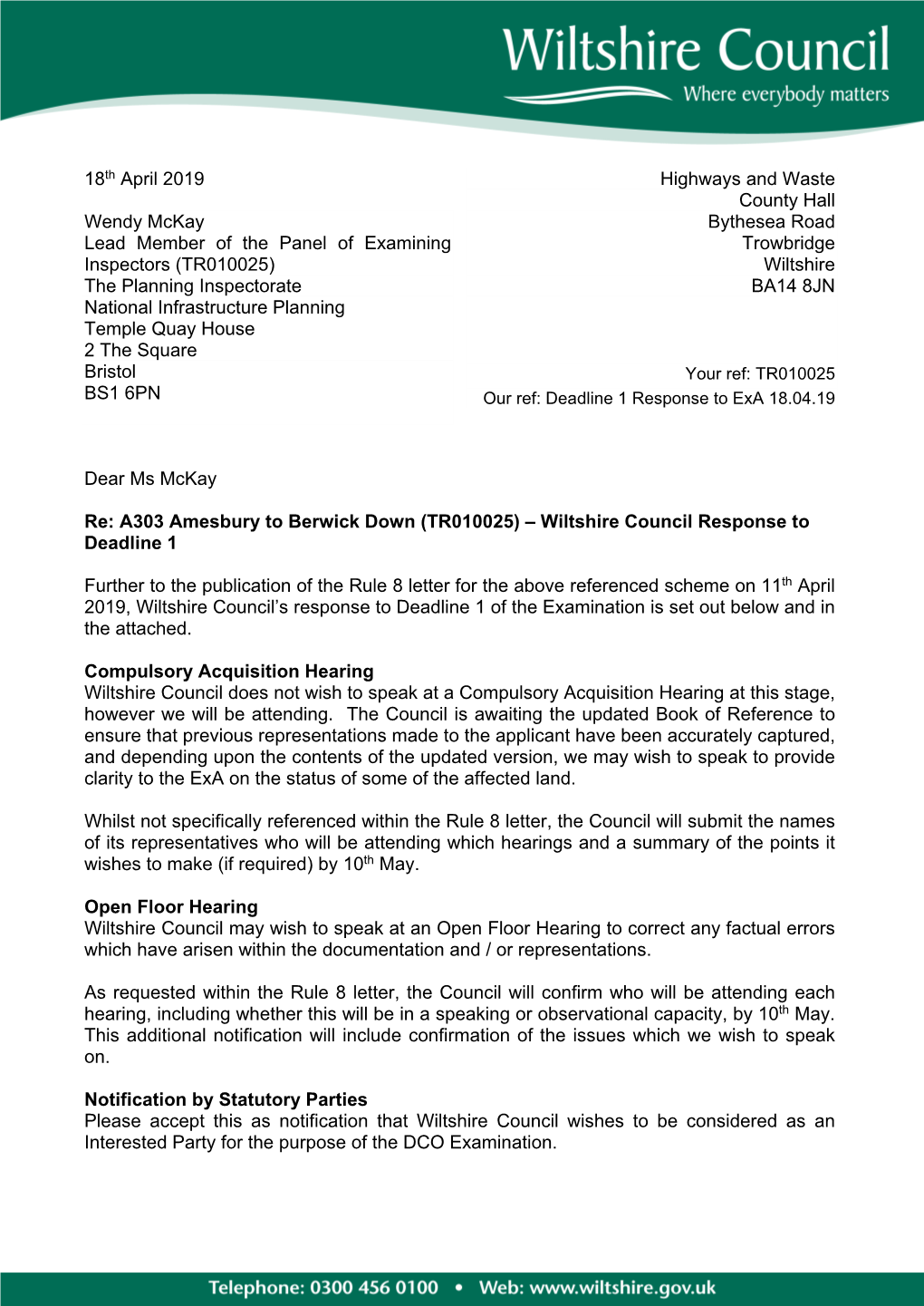 A303 Amesbury to Berwick Down (TR010025) – Wiltshire Council Response to Deadline 1