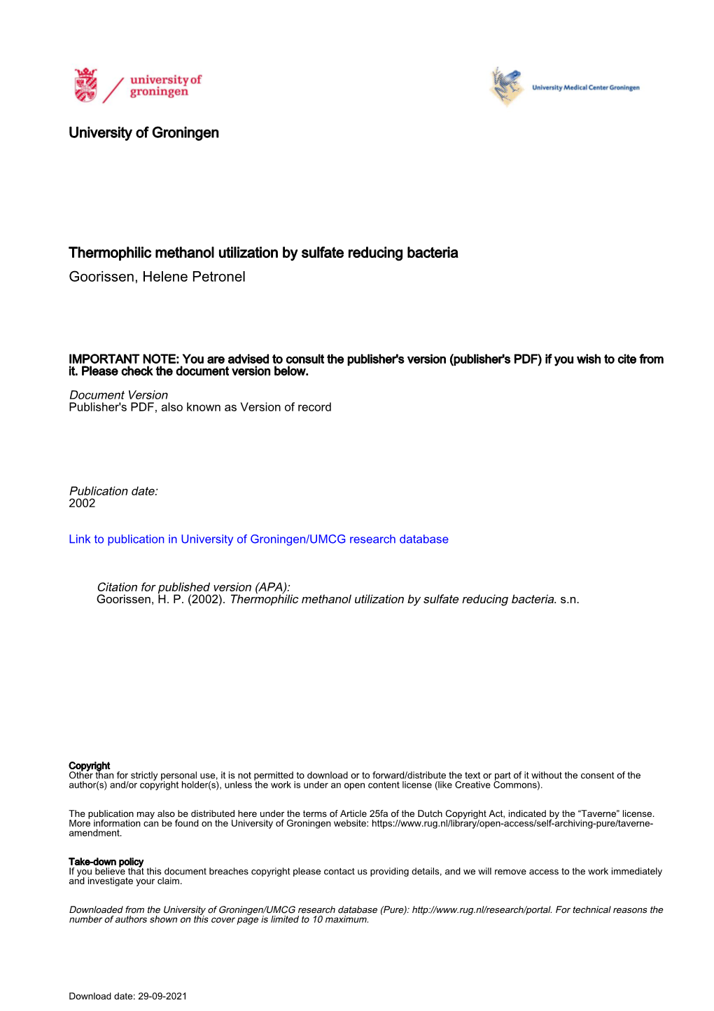 University of Groningen Thermophilic Methanol Utilization by Sulfate