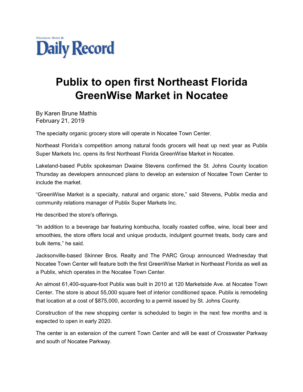 Publix to Open First Northeast Florida Greenwise Market in Nocatee