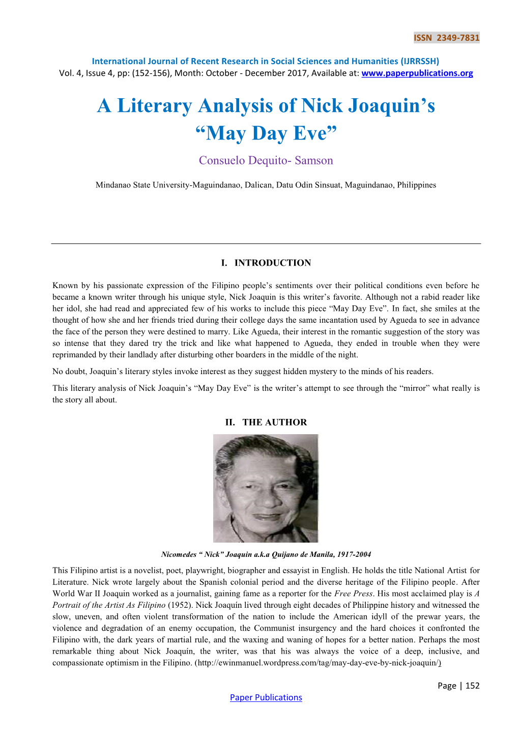 A Literary Analysis of Nick Joaquin's “May Day Eve”