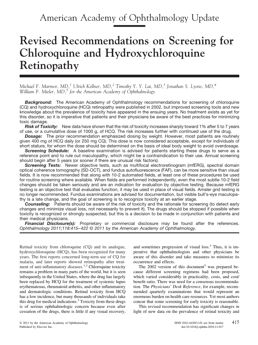 Revised Recommendations on Screening for Chloroquine and Hydroxychloroquine Retinopathy