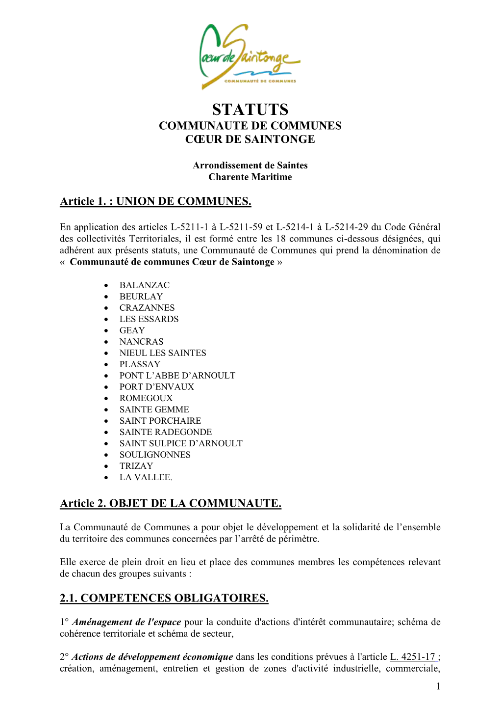 Statuts Communaute De Communes Cœur De Saintonge