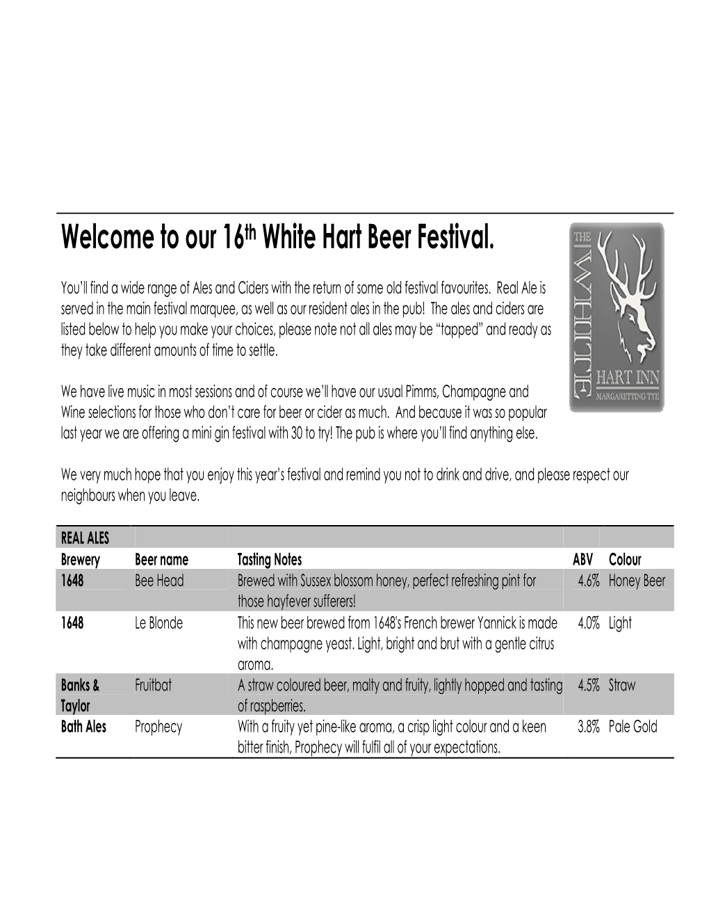 Welcome to Our 16Th White Hart Beer Festival