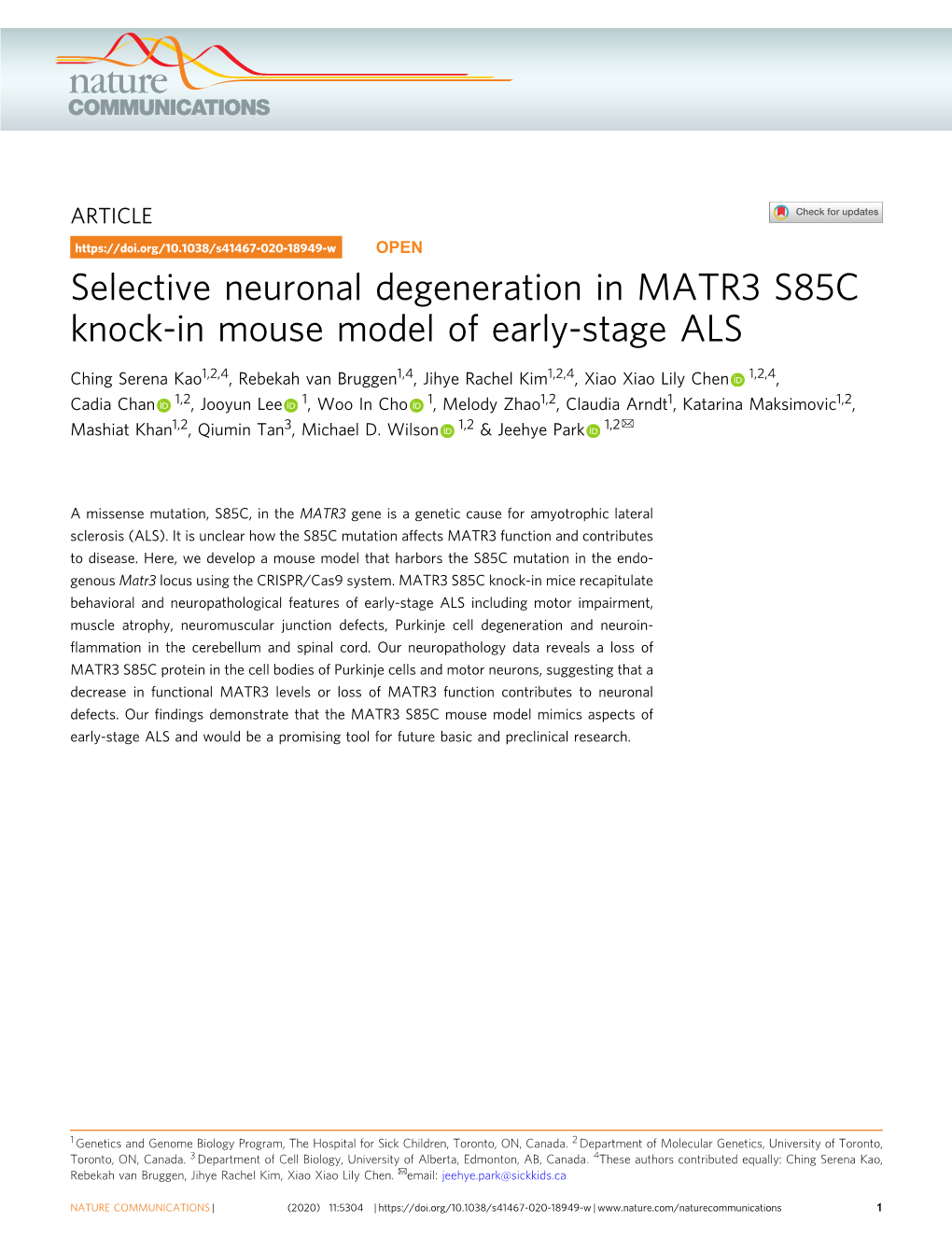 Selective Neuronal Degeneration in MATR3 S85C Knock-In Mouse Model of Early-Stage ALS