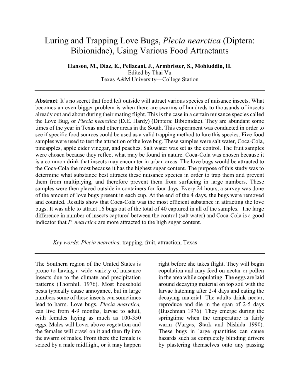 Luring and Trapping Love Bugs, Plecia Nearctica (Diptera: Bibionidae), Using Various Food Attractants