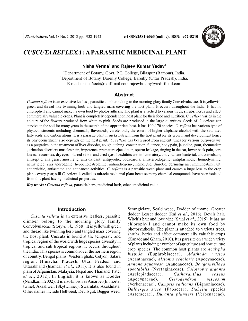 Cuscuta Reflexa : a Parasitic Medicinal Plant