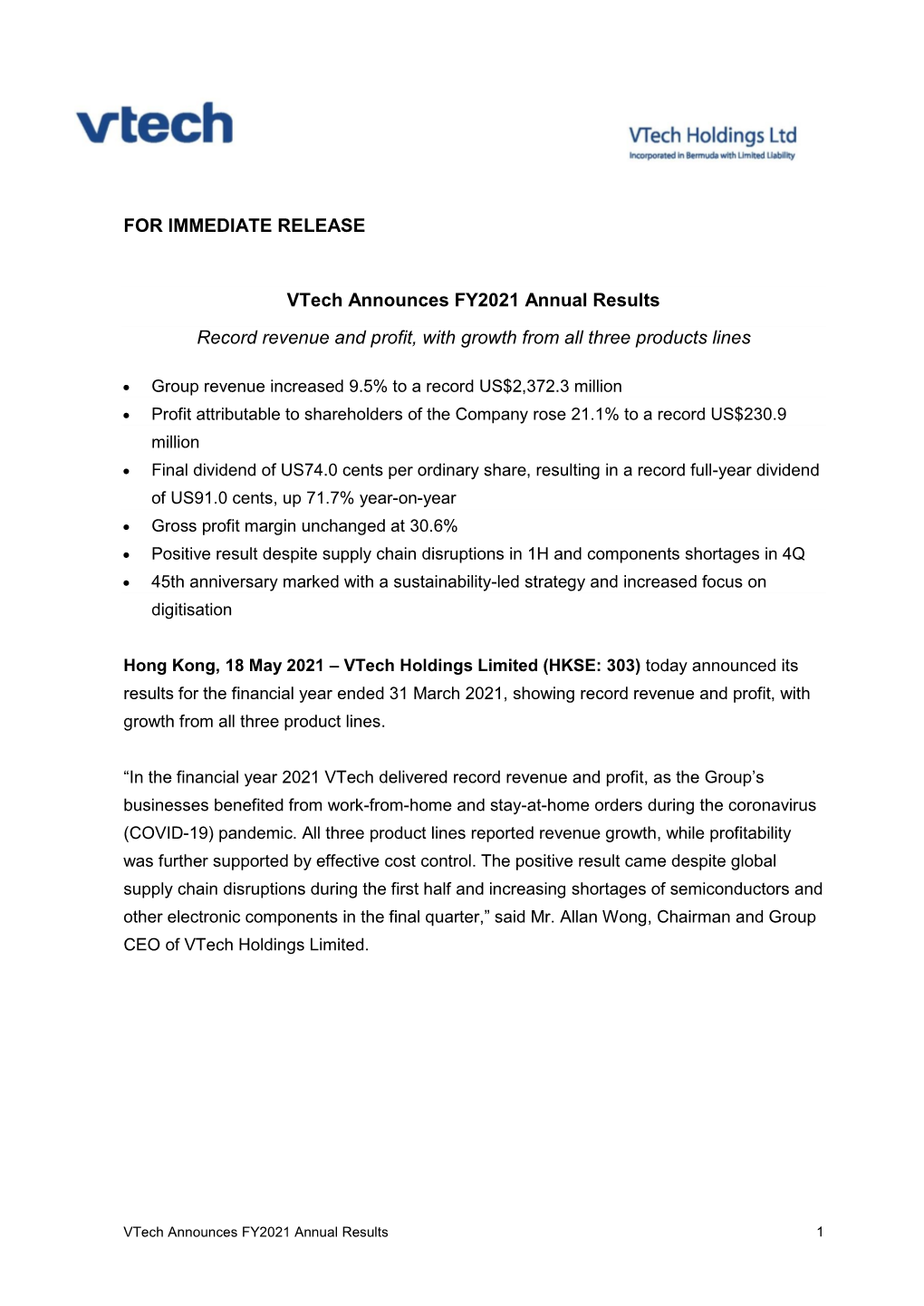 Vtech Announces FY2021 Annual Results