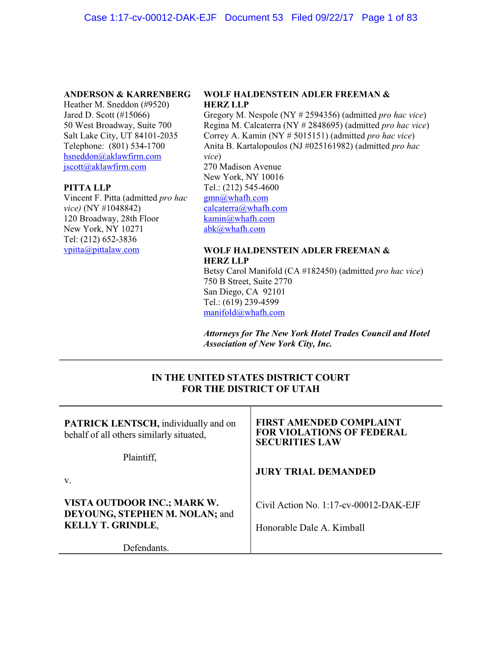 Patrick Lentsch, Et Al. V. Vista Outdoor Inc., Et Al. 17-CV-00012-First