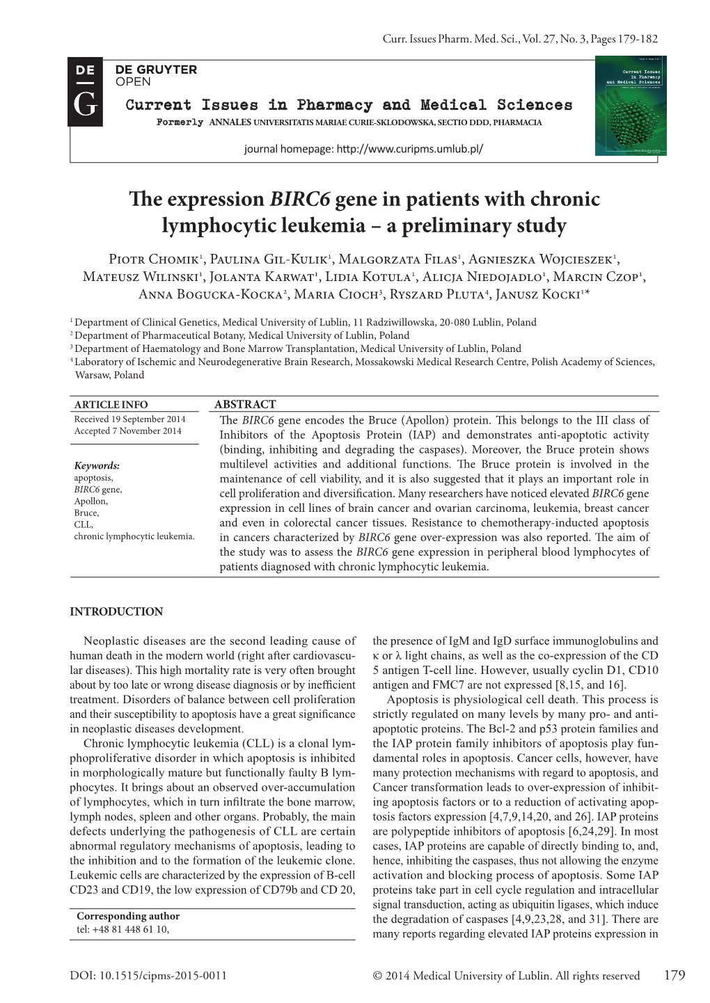 The Expression BIRC6 Gene in Patients with Chronic Lymphocytic Leukemia