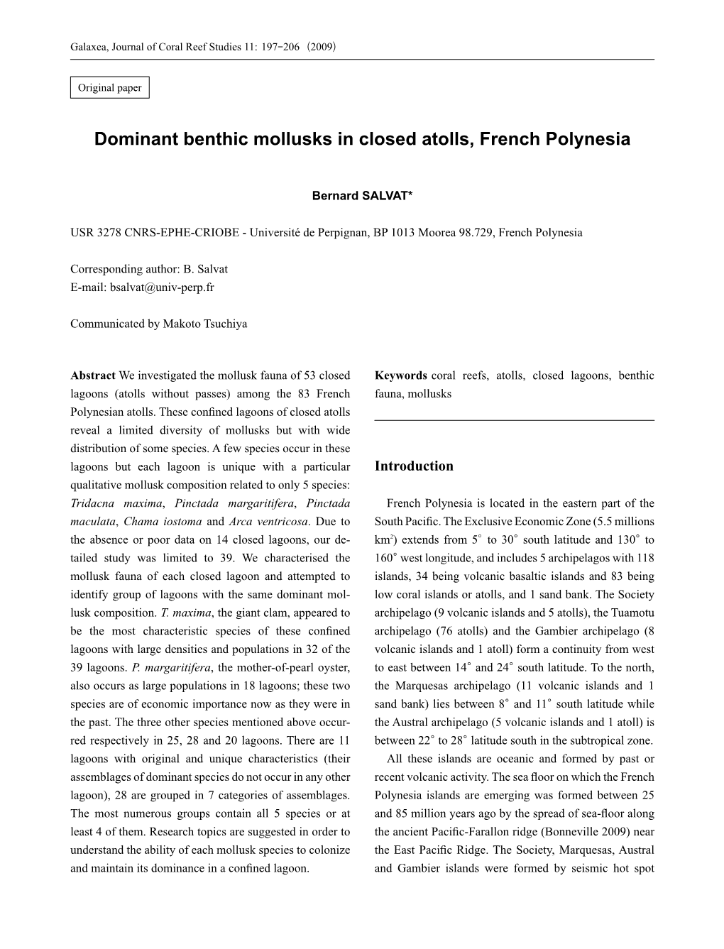 Dominant Benthic Mollusks in Closed Atolls, French Polynesia